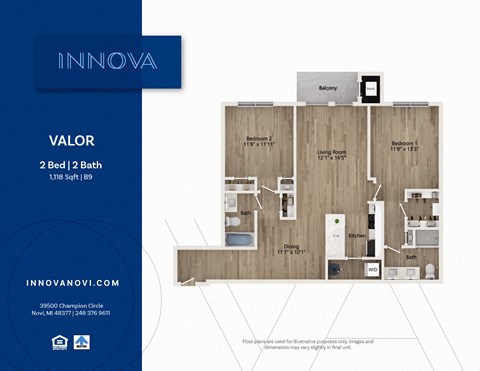 Floor plan for 2 beds, 2 baths, 1118 sqft